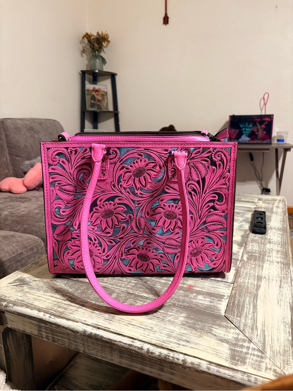 American Darling Pink Floral Tooled Tote